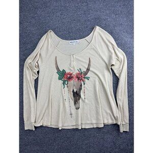 Wildfox Shirt Womens Small Beige Thermal Henley Long Sleeve Skull Graphic Top